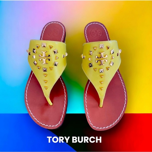 TORY BURCH LOGO STUD NEW SANDAL THONG FLAT SHOES LEATHER CITRUS 6.5